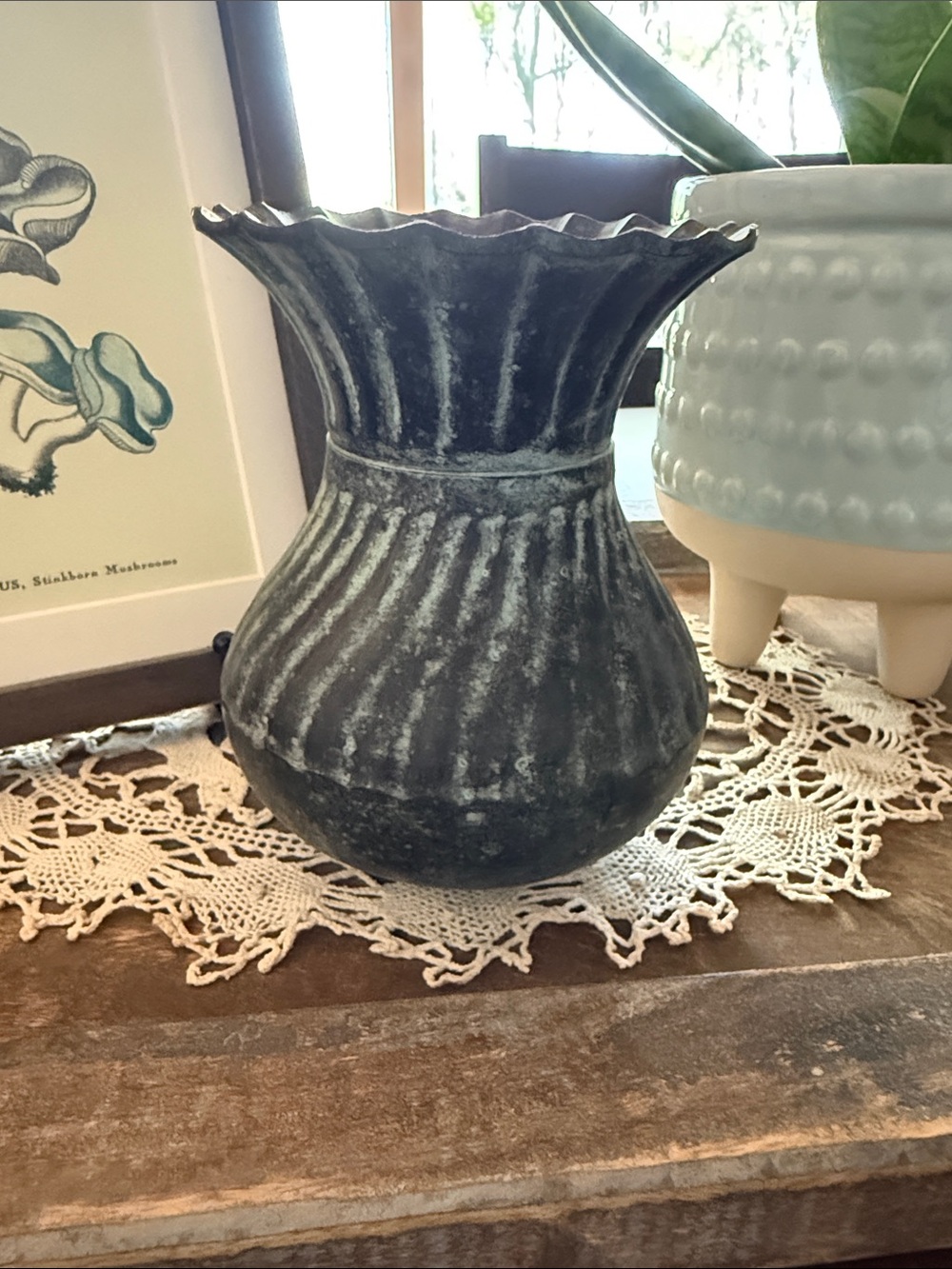 Vintage Brass Bronze Verdigris Vase Fluted Scalloped Gothic Hollywood Regency